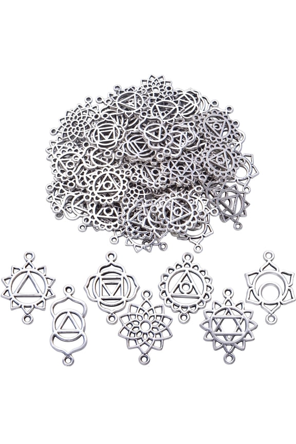 70pcs Chakra Energy Charms Connectors Tibetan Alloy Hollow Flower Chakra Pendants Charms Craft Supplies for DIY Bracelet Necklace Earring Jewelry Making Accessories, Antique Silver ,7 Styles