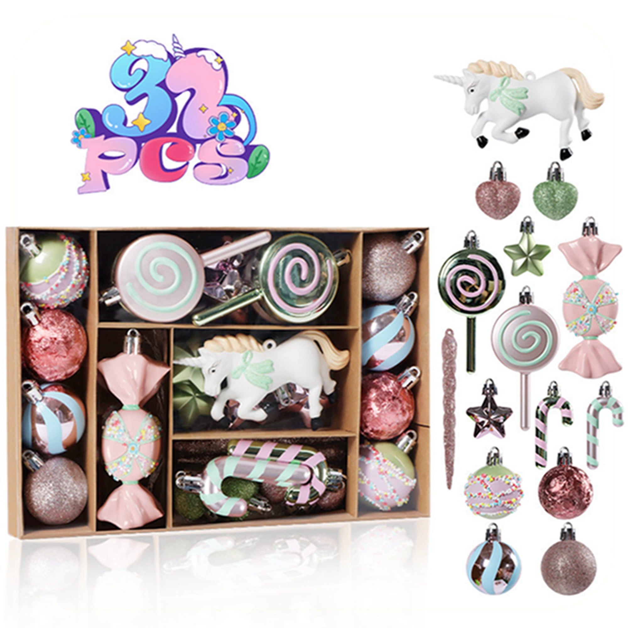 70pcs Christmas Tree Ornaments Bulk Xmas Hanging Balls Swirl Lollipop Donut Candy Cane Unicorn