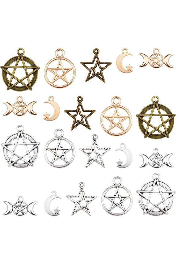 70pcs Mixed Alloy Pentacle Star Charms Moon Pentagram Witch Magic Pendants Vintage Protection Lucky Charms for DIY Necklace Bracelet Earrings Jewelry Making and Crafting