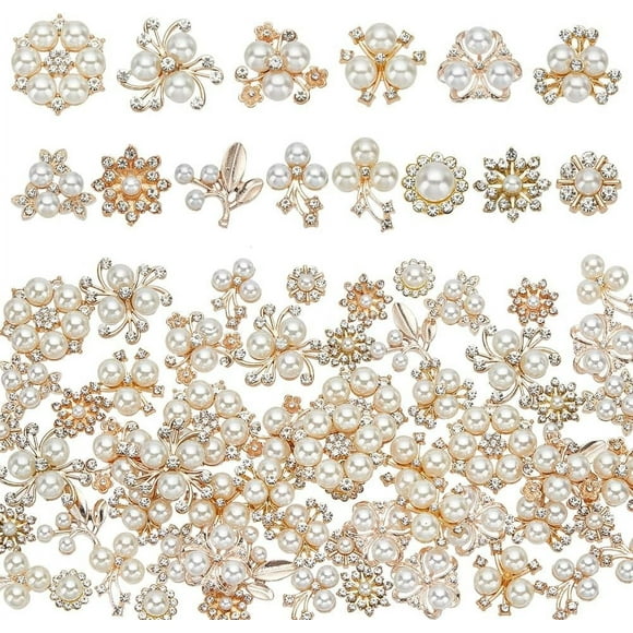 70pcs Rhinestone Faux Pearl Buttons 14 Styles Flat Back Flower Rhinestone Buttons Bulk Crystal Beads Embellishments Decorative Button for DIY Craft Jewelry Wedding Clothes Shoes Hair Accessory