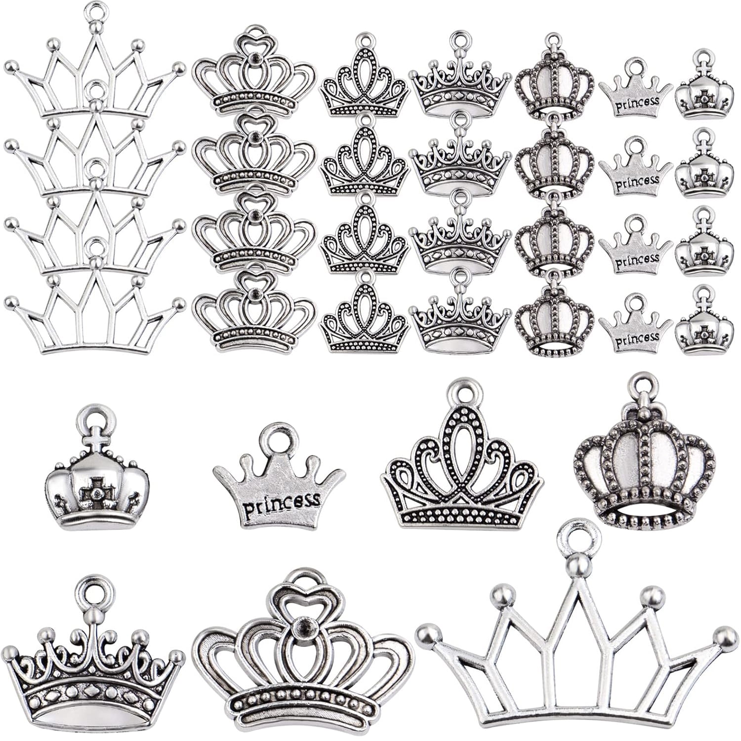 70pcs Silver Mixed Crown Charms Tibetan Alloy King Queen Princess Crown ...