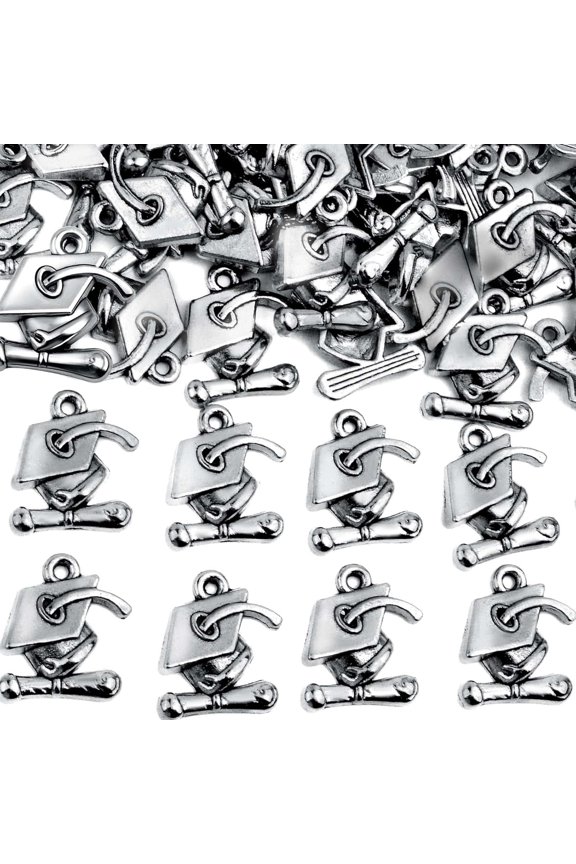 70pcs Vintage Graduation Cap Charms Alloy Graduate Diploma Doctorial Hat Decorative Pendants Charms for DIY Jewelry Making Graduation Party Supplies, Antique Silver