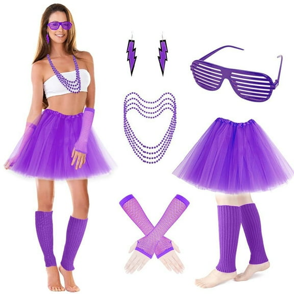 70s 80s Costume Accessories Outfits for Women Tutu Skirt Headband Leg Warmers Fishnet Gloves Cosplay Set