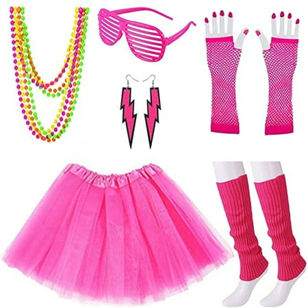 70s 80s Fancy Dress Costumes Accessories Set ,6 in 1 Adult Fancy Tutu Skirt Set for Cosplay Party Theme Party