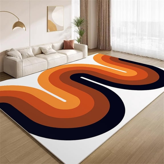 70s 80s Retro Art Area Rugs Mid Century U Shape Orange Black Wavy Lines Rugs Washable Breathable Carpet for Living Room Bedroom Bedside Study Office Entrance Foyer 5x8ft