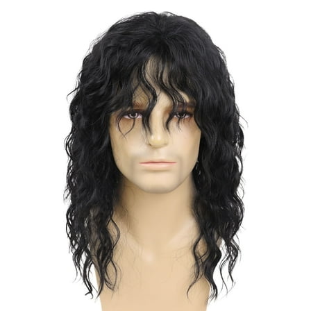 70s 80s Rocker Wigs for Men Long Black Curly Wig with Bangs