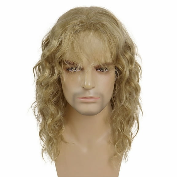 70s 80s Rocker Wigs for Men Long Black Curly Wig with Bangs