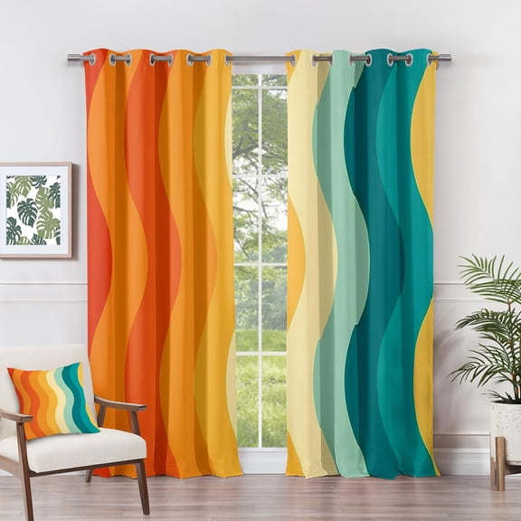 70s Black Out Curtains Retro Groovy Funky Abstract Wavy Geometric Curtains for Bedroom Living Room, Room Darkening Grommet Drapes Patterned Window Treatments-42"W x 72"L (Pack of 2)