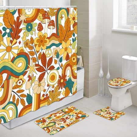 70s Boho Retro Funky Shower Curtain Set with Hooks 69 x 70Inch, Rainbow Leaves Mushroom Pumpkin and Flowers Groovy Bathroom Sets with Shower Curtain and Rugs, Toilet Lid Cover and Bath Mat