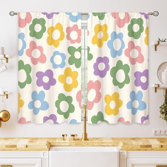 70s Cute Flower Small Kitchen Curtains Retro Floral Window Treatment Abstract Groovy Vintage Cafe Short Window Curtains for Bathroom Dining Laundry Modern Tier Treatment Drapes 27.5x39 inch