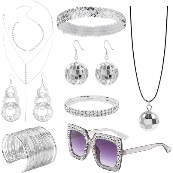 70s Disco Accessories for Women Disco Costume Accessory Set Coil Bracelet 70s Sunglasses Triple-Layered Choker Disco Earrings Sequin Headband Bracelet Ball Necklace Earring for Party Halloween