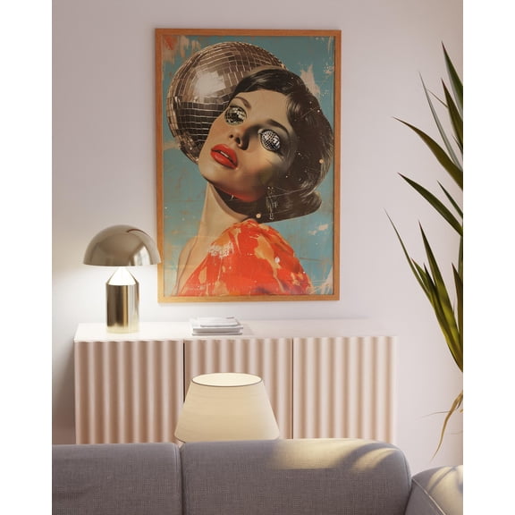 70s Disco Ball Woman Retro Trendy Wall Art, Unframed Paper Poster 8x10in