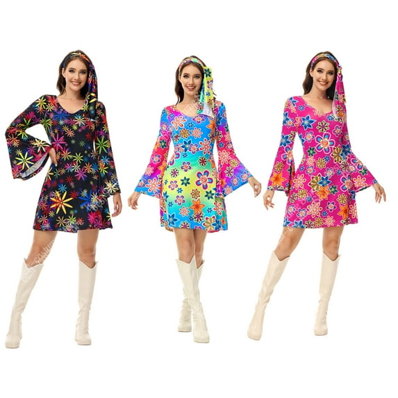 70s Disco Dresses for Women Colorful Print Disco Outfits Halloween Hippie Costume Women Party Dress Plus Size XS-3XL