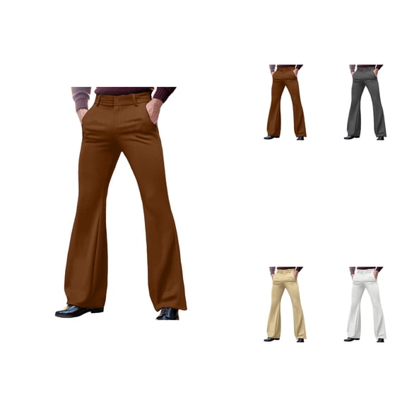 70s Disco Flared Dress Pants for Men – Bell Bottom Stretch Trousers with Flat Front, Pockets, Plain Comfort Fit for Casual, Business, Dancing & Stage Performance