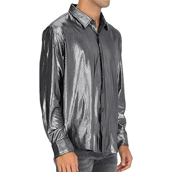 70s Disco Luxury Metallic T-shirts for Men Button Down Long Sleeve Shirts Loose Fit Casual Hipster Tops