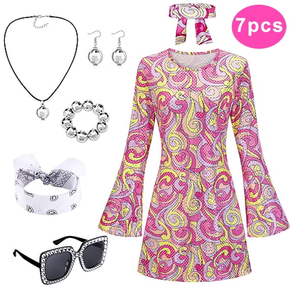70s Disco Outfits For Women Hippie Dress Sequin Disco Ball Earrings Sunglasses Accessories Halloween,7pcs/set