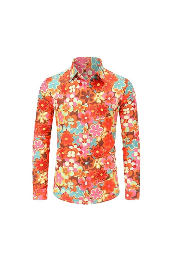 70s Disco Retro Paisley Shirts for Men Long Sleeve Button Down Shirt Floral Vintage Hip Hop Tops Watermelon Red XXL