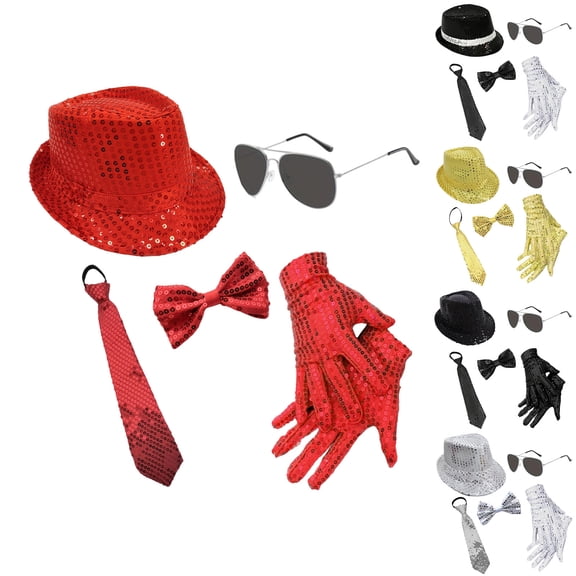 70s Disco Sequin Performance Set - Men's Retro Party 4-Piece Kit (Fedora + Tie + Bow Tie + Gloves), Stage Costume Props for Men Black