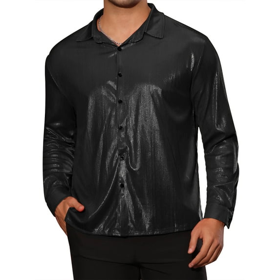 INSPIRE CHIC 70s Disco Shirts for Men's Long Sleeves Button Down Party Costume Metallic Shirt 2XL Black