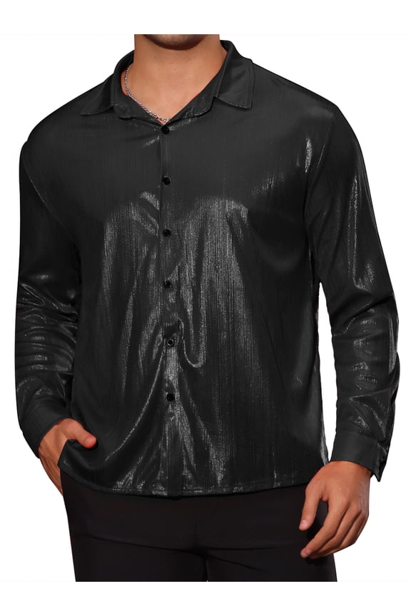 70s Disco Shirts for Men's Long Sleeves Button Down Party Costume Metallic Shirt 2XL Black