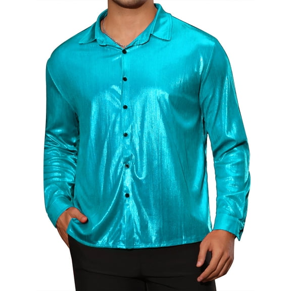 INSPIRE CHIC 70s Disco Shirts for Men's Long Sleeves Button Down Party Costume Metallic Shirt M Blue