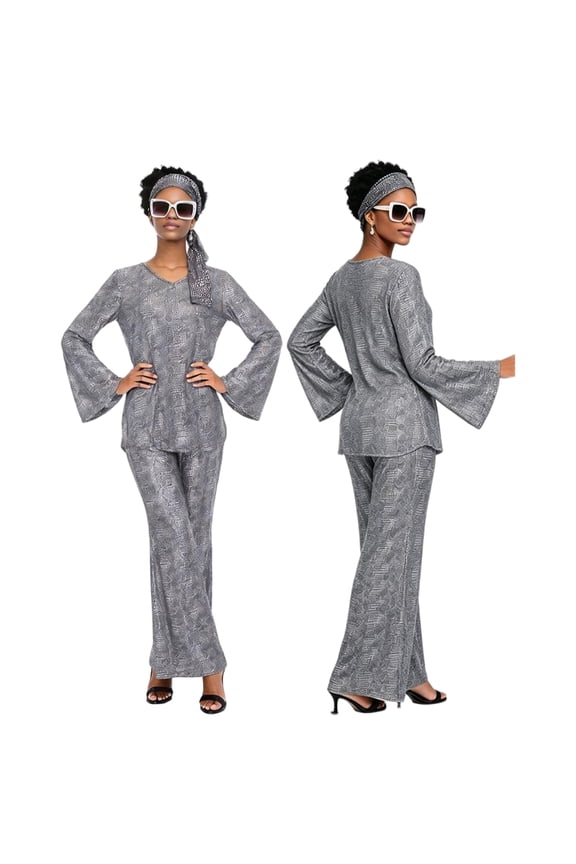 70s Disco Two Piece Costume, 70s Disco Metallic Shiny Two Piece Outfit, Bell Sleeve V Neck Top & Flare Pants for Halloween Retro Party Cosplay, Multi Color Glossy Costume Set, Gray 3XL