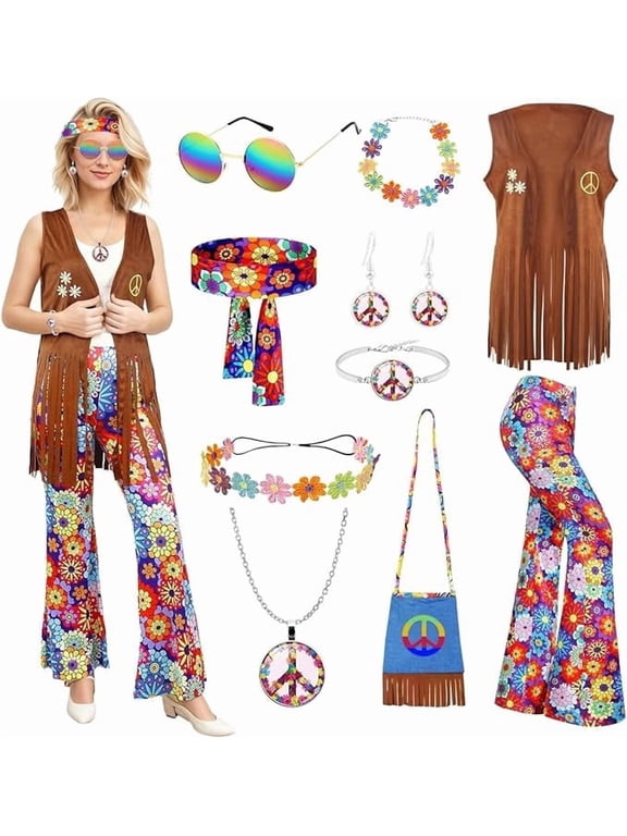 70s Fancy Dress Women,Hippie Costume with Fringe Vest Flared Pants,1970s Retro Hippie Outfit for Carnival Cosplay, L