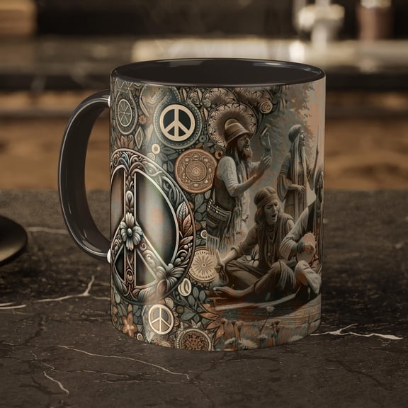 70s Festival Mug  Hippie Retro Coffee Cup with Peace Sign Art