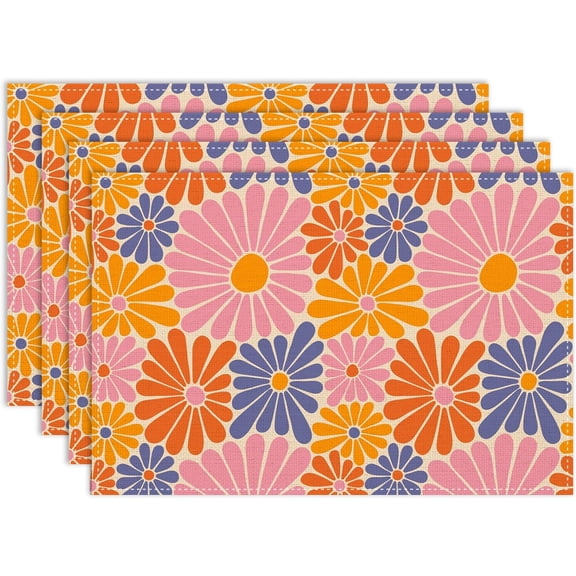 70s Floral Placemat Set of 4, 12x18 Inch Rustic Groovy Hippie 70s 60s Orange Flower Daisy Groovy Modern Country Coffee Table Mats for Outdoor Farmhouse Kitchen Dining Table Decoration
