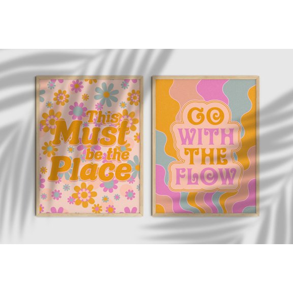 70s Floral Print Retro Home Decor Set 2 Stretched Canvas 8x12