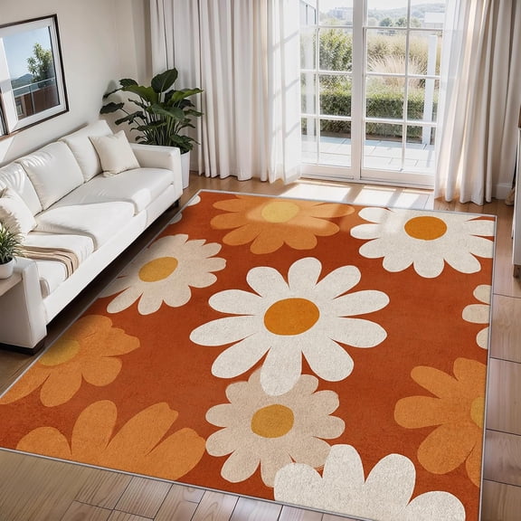 70s Floral Rugs for Living Room, Burnt Orange Retro Groovy Flower Home Decor Indoor Carpet for Bedroom, Washable Floral Area Rugs, Non-Slip Backing 5 x 8ft