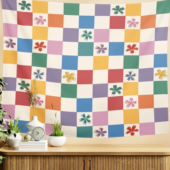 70s Floral Tapestry, Hippie Floral Abstract Grid Rainbow 70s Colorful Geometry Dinner Dining Living Room Kitchen Home Tapestry 40x30 Inch