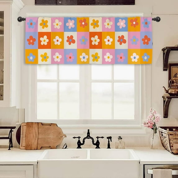 70s Flower Retro Kitchen Curtain Valance 54W x 18H Rod Pocket Floral Groovy Funky Y2K Trendy Colorful Window Treatment for Living Room Bedroom Bathroom