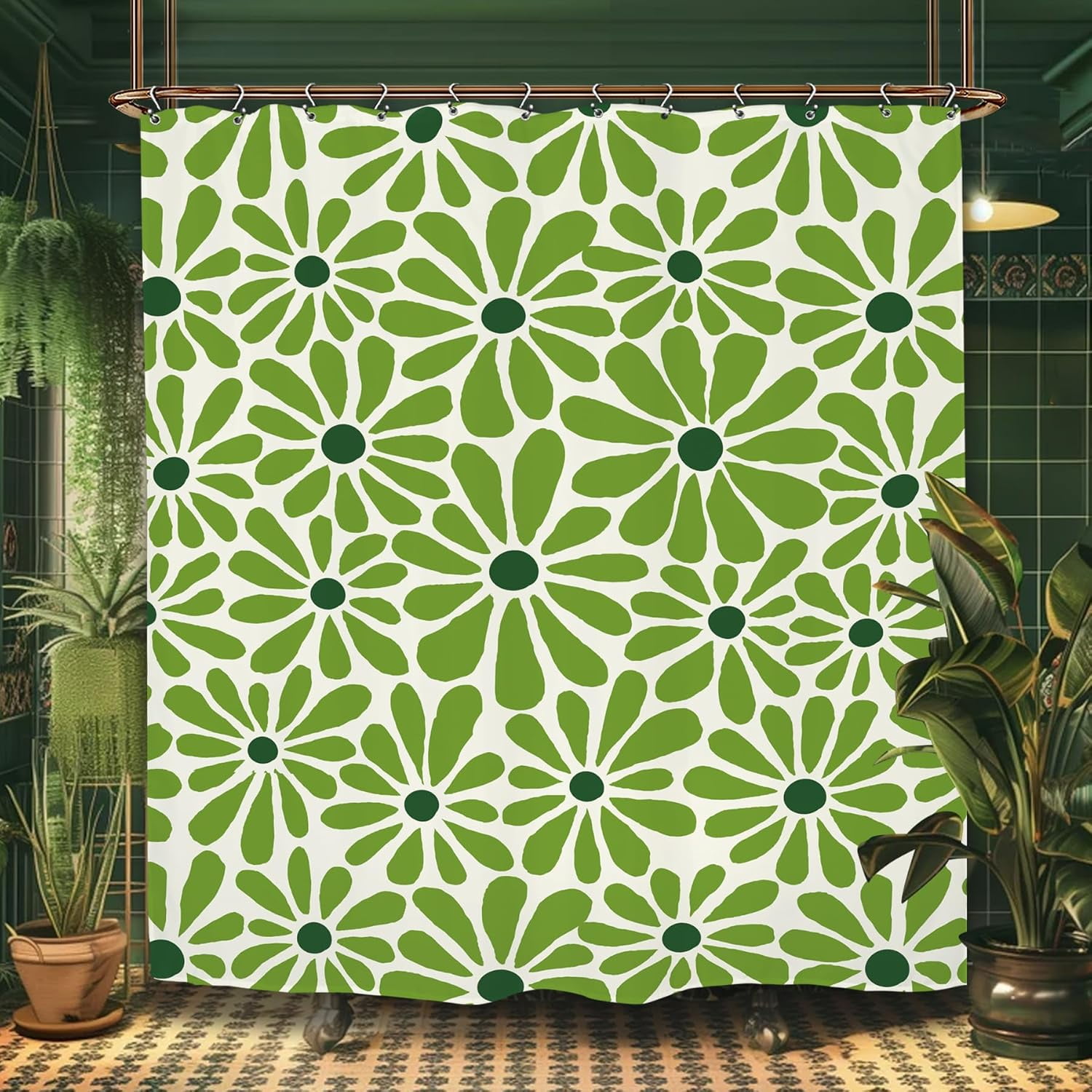 70s Green Flower Floral Bathroom Shower Curtain Cute Funky Hippie