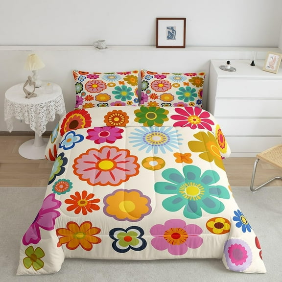 70s Groovy Flower Bedding Set Twin Rainbow Flowers Comforter Set Cool Vintage Boho Floral Down Comforter Colored Women's Halloween 1960's 1970's Disco Hippie Indie Room Decor