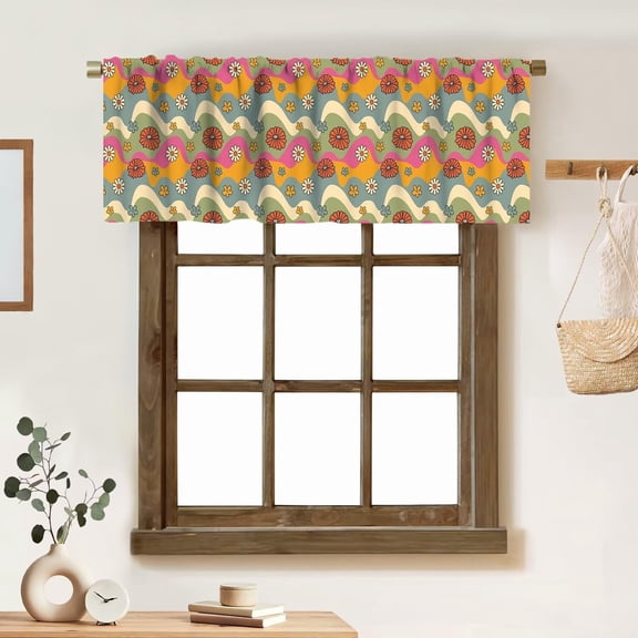 70s Groovy Flowers Valance Curtain Retro Waves Floral Rod Pocket Valance Window Treatments Short Curtains for Kitchen Bathroom Farmhouse Bedroom Living Room 54x18inch