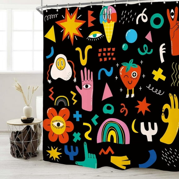 70s Groovy Funky Shower Curtain Set 60Wx72H Inches Colorful Retro Flower Checkered Modern Pastel Y2K Aesthetic Waterproof Bathroom Curtain with 12 Hooks
