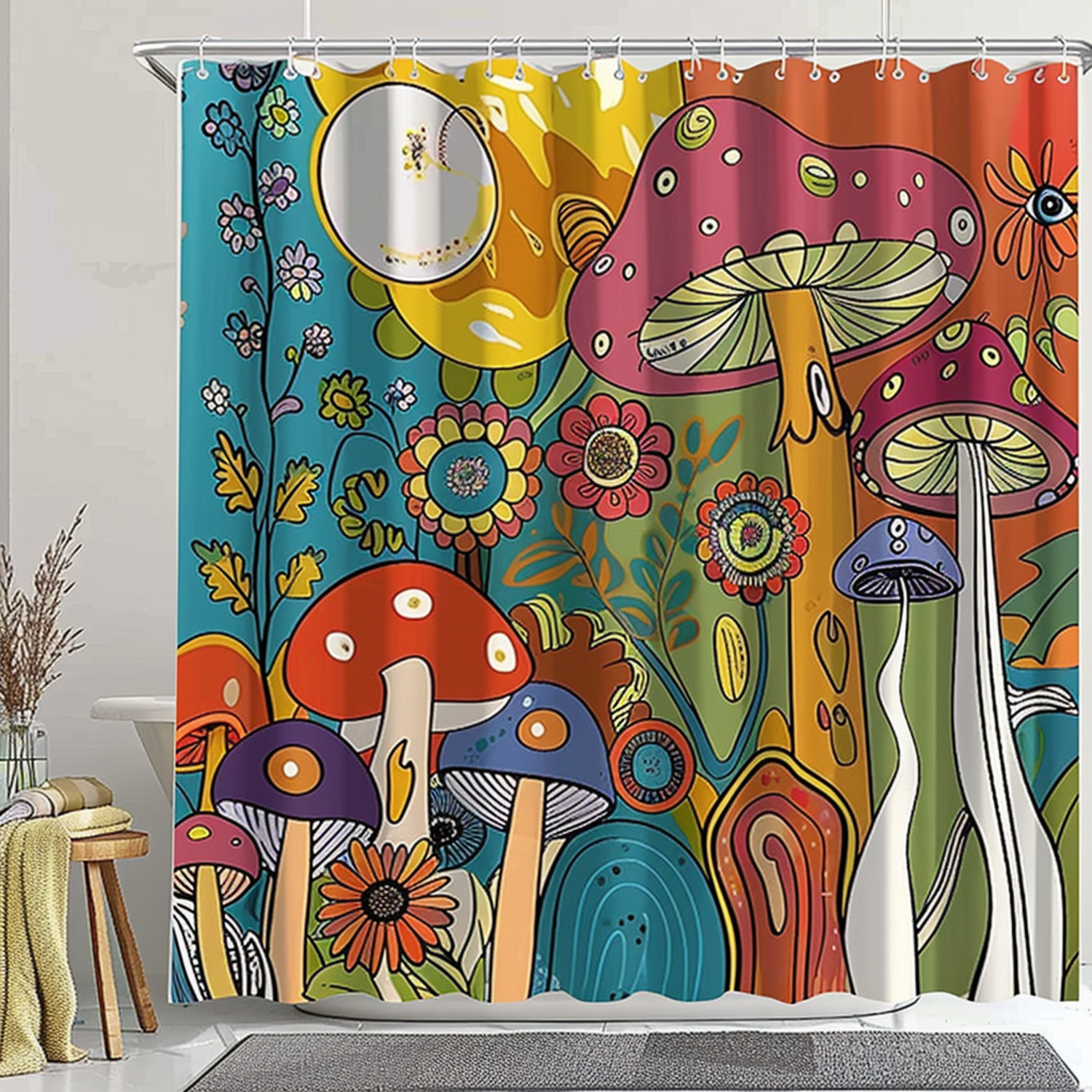 MEHOFOND Groovy Hippie Shower Curtain 72x72 Inch - 70s Rainbow Floral Peace & Love Design, Waterproof Polyester