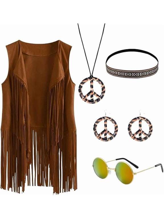 70s Hippie Costume for Women, 60s outfits with Fringe Vest Necklace Set, 70s Hippie Clothes for Halloween Carnival
