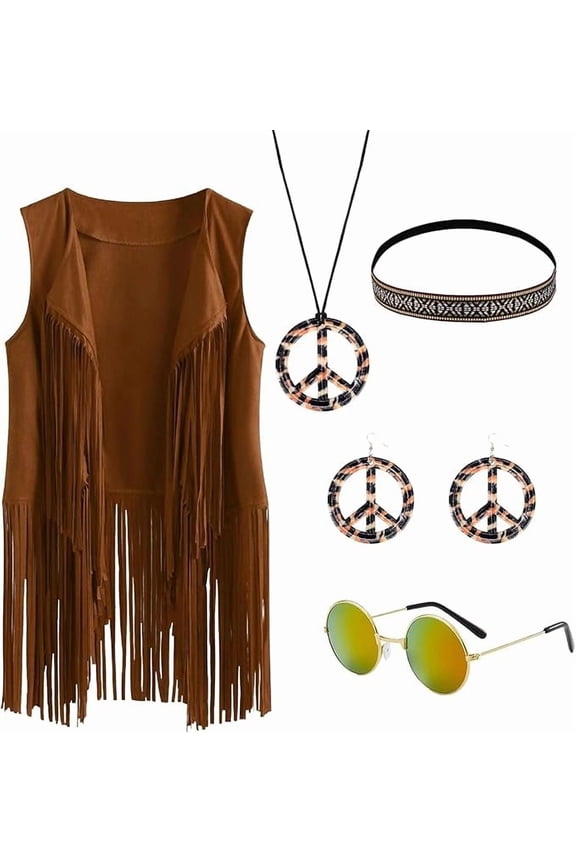 70s Hippie Costume for Women, 60s outfits with Fringe Vest Necklace Set, 70s Hippie Clothes for Halloween Carnival