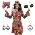 thumbnail image 1 of 70s Hippie Dress Costumes Necklace Earrings Sunglass Women Disco Outfit, 60s Party Costume, Halloween Retro Dresses, 1 of 7