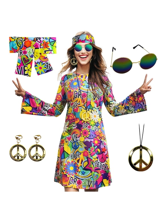 70s Hippie Dress Costumes Necklace Earrings Sunglass Women Disco Outfit, 60s Party Costume, Halloween Retro Dresses