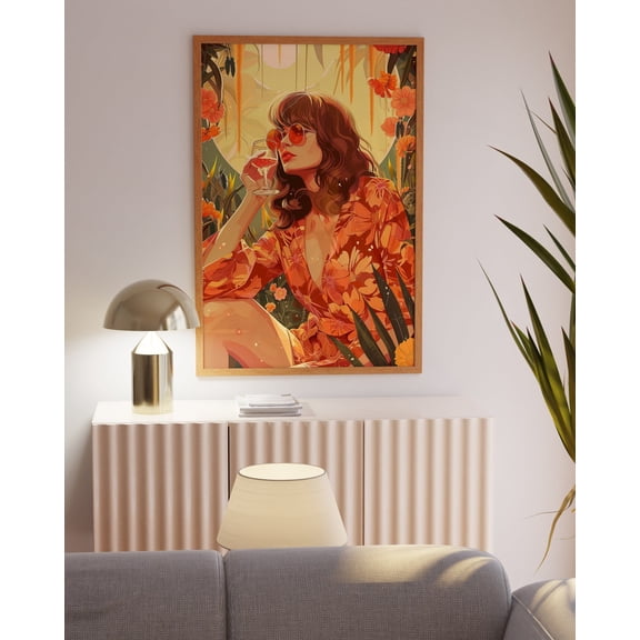 70s Hippie Girl Retro Cocktail Flower Power Art, Unframed Paper Poster 8x10in