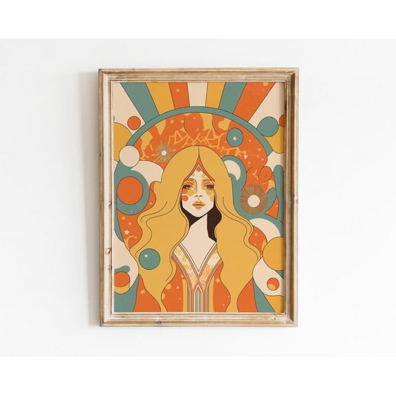 70s Hippie Girl Retro Colorful Flower Wall Art, Stretched Canvas 8x10in