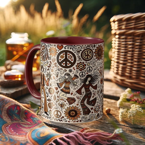 70s Hippie Mug  Retro Peace Sign Coffee Cup with Floral Art