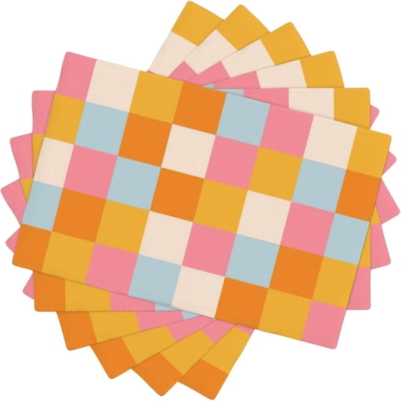 70s Hippie Table Placemats Set of 6 Vintage Geometric Square Square Grid Yellow Orange Pink Blue 90s Retro Country Dinner Indoor Outdoor Table Placemat for Holiday Banquet Kitchen Table Decor