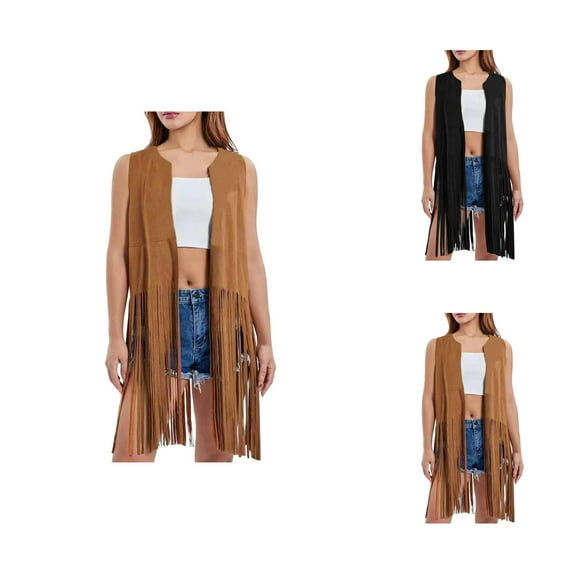 70s Hippie Tassel Vest for Women Sleeveless Suede Fringe Jacket Cardigans Cowgirl Western Tops Halloween