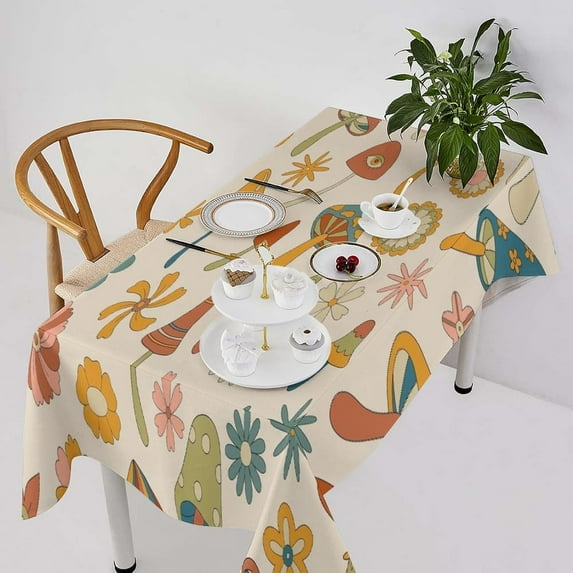 70s Mushroom Tablecloth, Retro 60s Groovy Mushroom Boho Hippie Flowers Print Table Cover for Home Kitchen Table Mats Party Picnic Tabletop 60x84inch