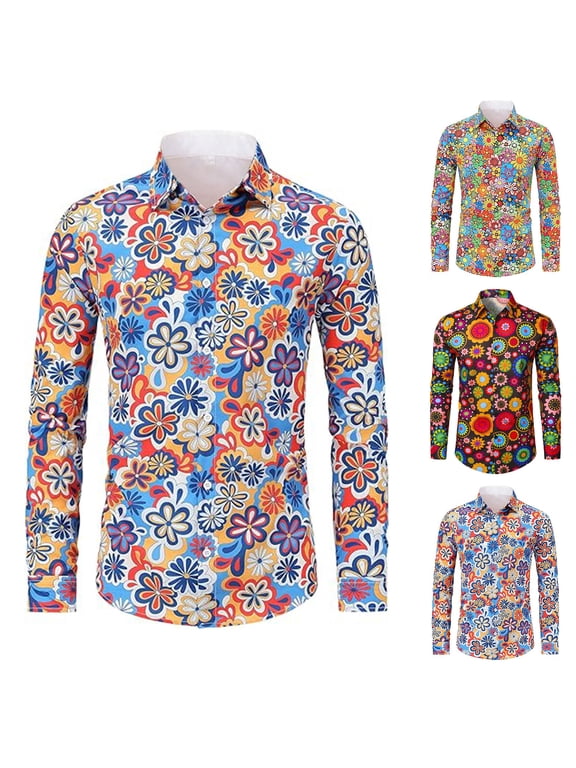 70s Outfits for Men Long Sleeve Casual Button Down Shirt Disco Hop Casual Paisley Floral Vintage Shirt Blue L