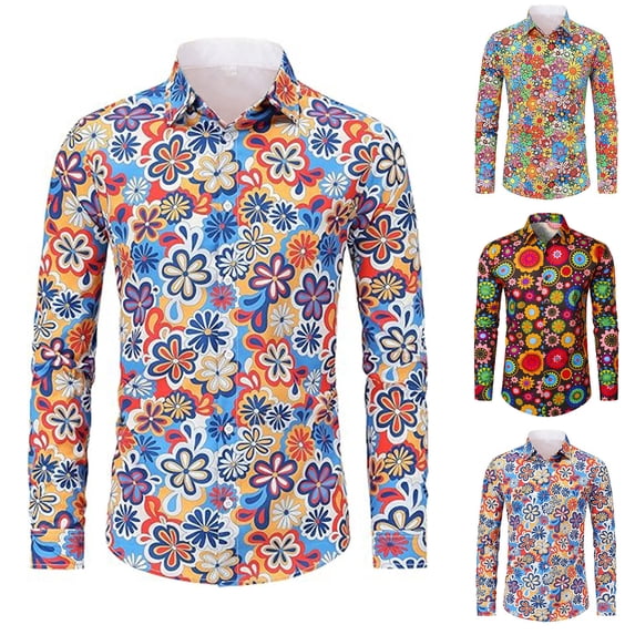 70s Outfits for Men Long Sleeve Casual Button Down Shirt Disco Hop Casual Paisley Floral Vintage Shirt Blue XXXL